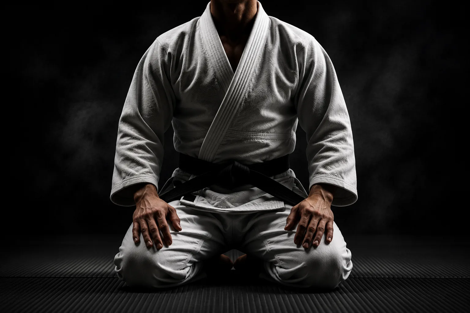 A judoka kneeling in seiza on the mat