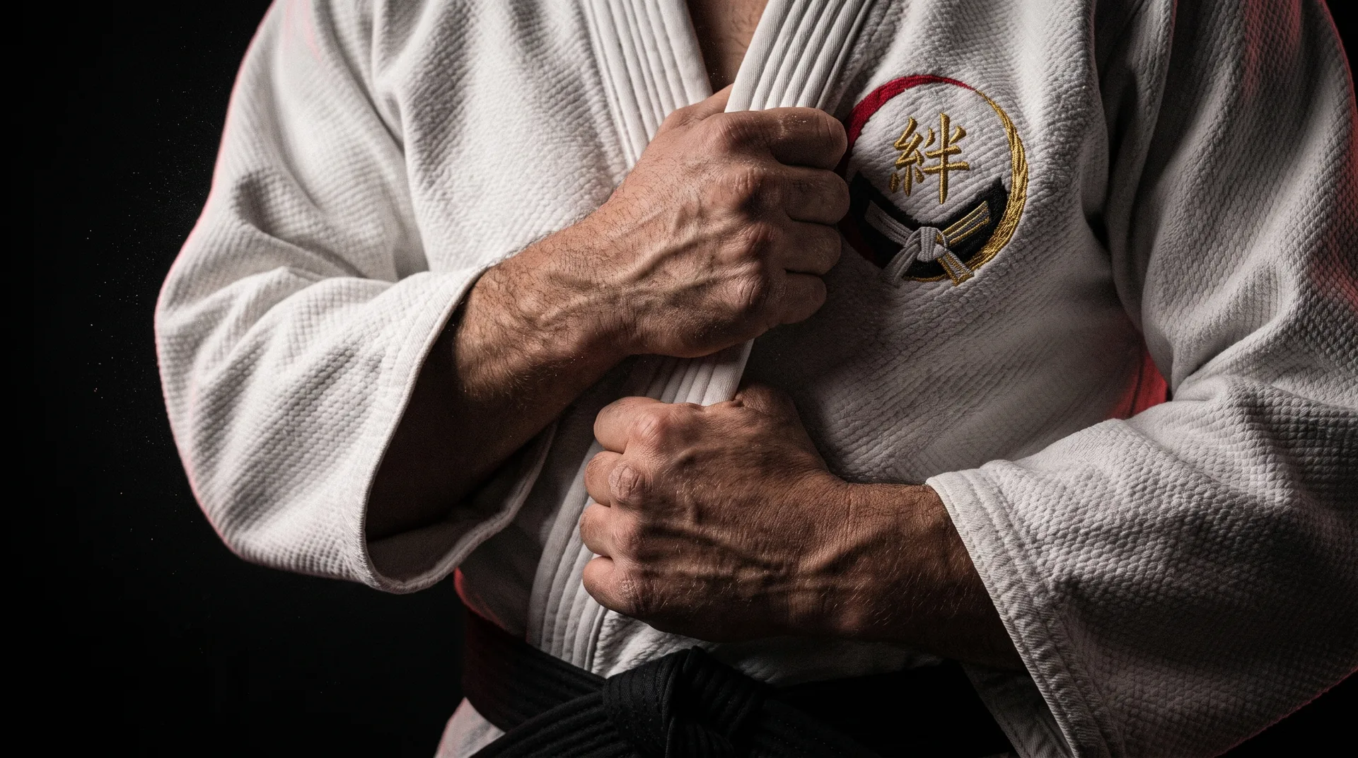 Two judoka gripping the lapel and sleeve of a gi