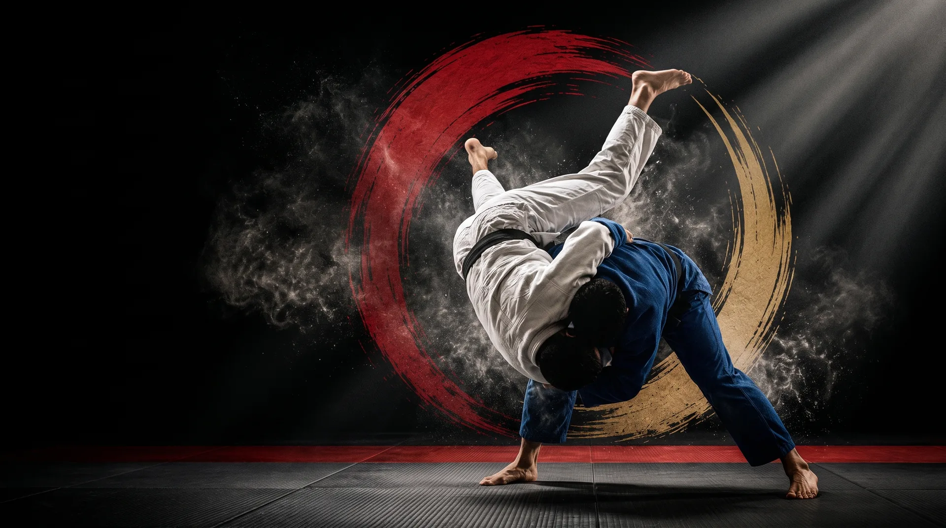 A judoka thrown at the apex of the technique